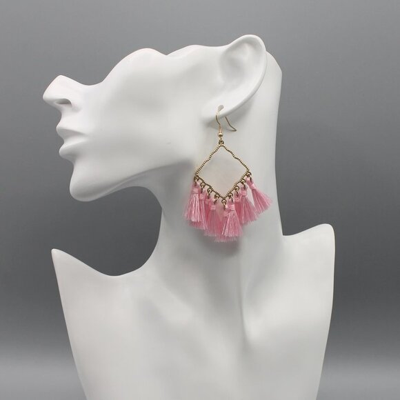 Jewelry earrings tassel statement drop dangle pink yellow gold tone boho new - Picture 6 of 8